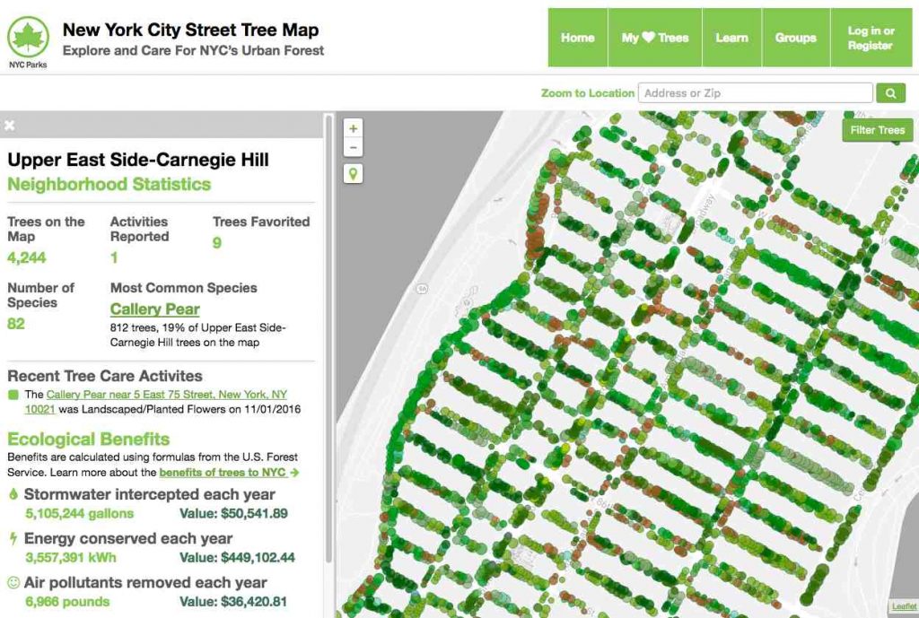 La ciudad de New York provee una mapa interactiva del arbolado urbano que el publico puedo ver